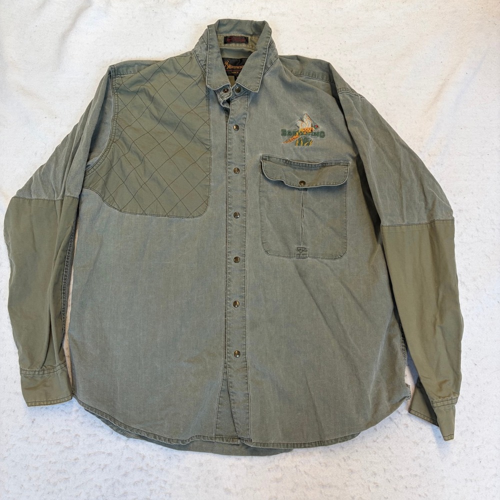 Browning Shooting Shirt Mens XL Green Quilted Shoulder Long Sleeve Cotton